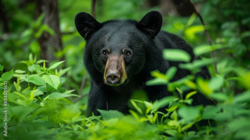 Fototapeta premium Black bear foraging in a forest