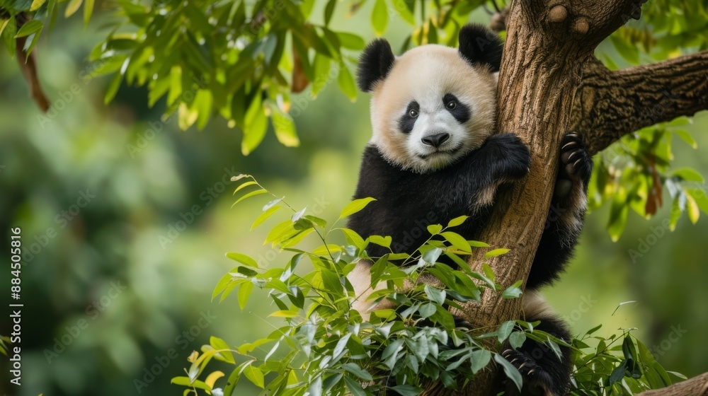 Obraz premium Giant panda climbing a tree