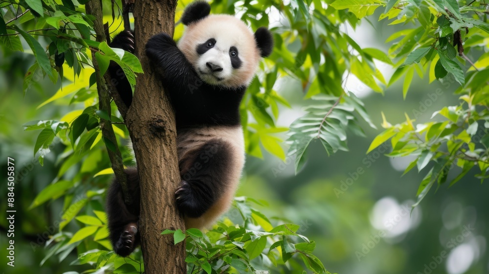Obraz premium Giant panda climbing a tree