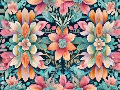 intricate patterns of leaves and flowers, in dark blue, orange, green on a dark background, vintage floral background, wallpaper