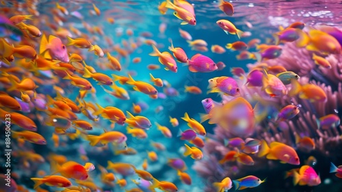 Fototapeta Naklejka Na Ścianę i Meble -  School of anthias fish swimming near a coral reef