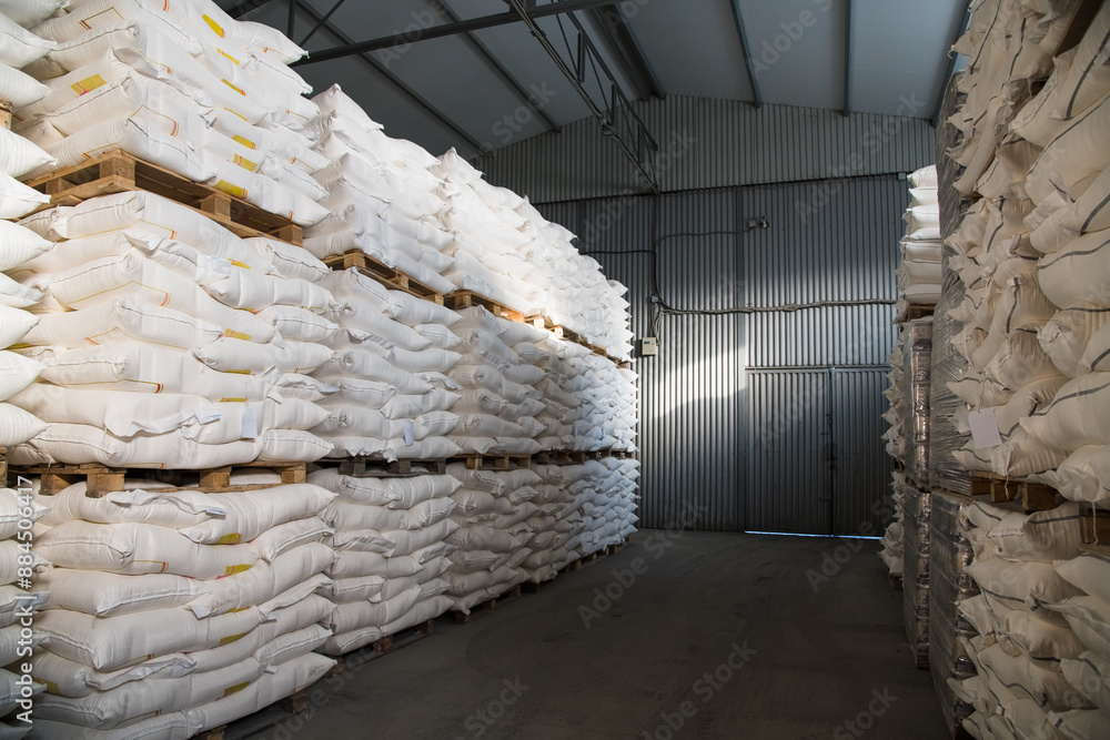 Food warehouse. Bags of rice, sugar, flour and other products. Food warehouse. Bags of rice, sugar, flour and other products.