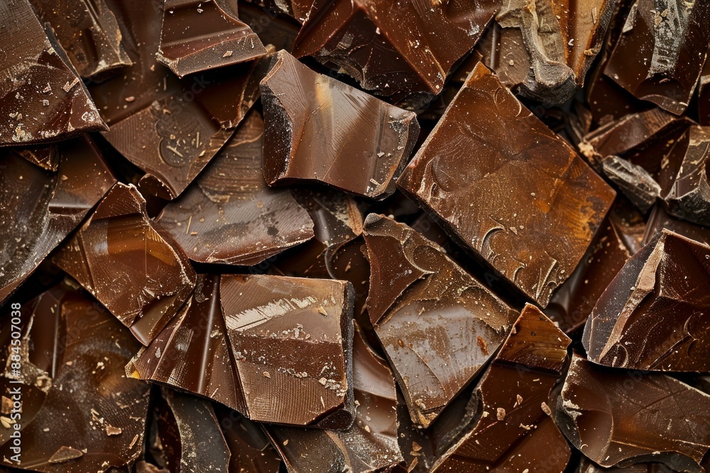 Closeup photo of shattered fragments of rich dark chocolate Closeup photo of shattered fragments of rich dark chocolate