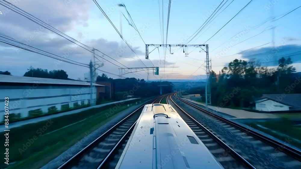 High-speed train in motion on railway tracks during evening twilight, creating a blur effect. High-speed train in motion on railway tracks during evening twilight, creating a blur effect.