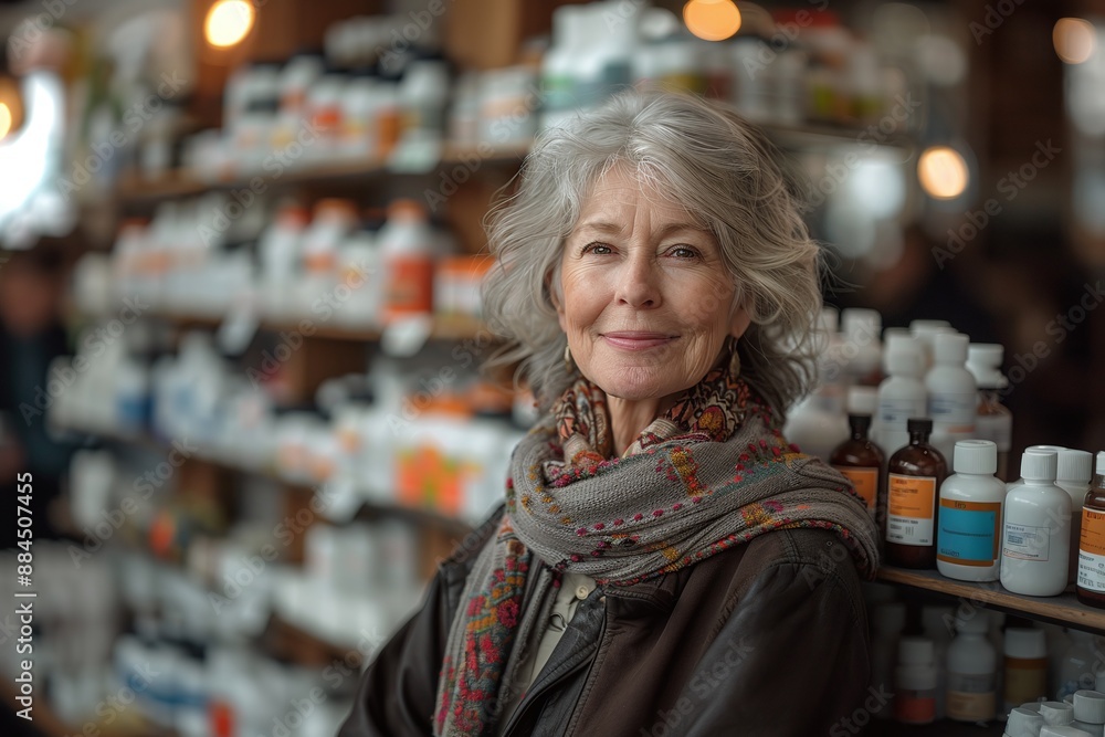Beautiful smiling middle-aged woman in pharmacy Beautiful smiling middle-aged woman in pharmacy