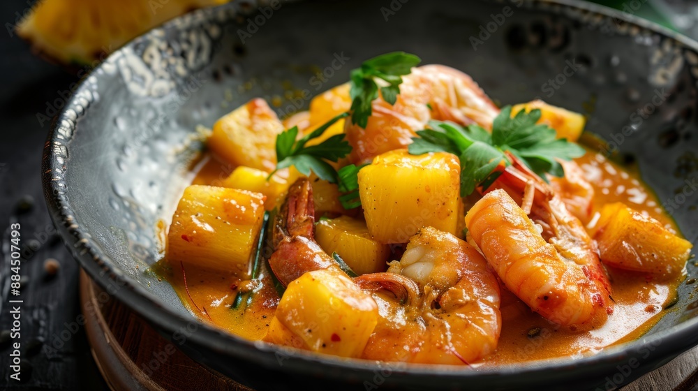 Shrimp with pineapple in teriyaki sauce. Shrimp with pineapple in teriyaki sauce.
