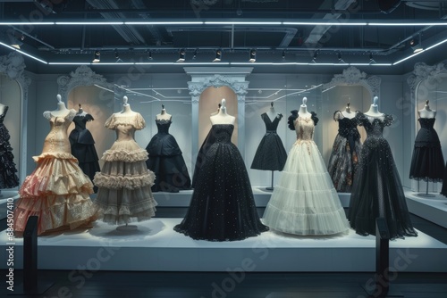 A Glimpse Into Fashion History: Elegant Dresses on Display in a Modern Gallery