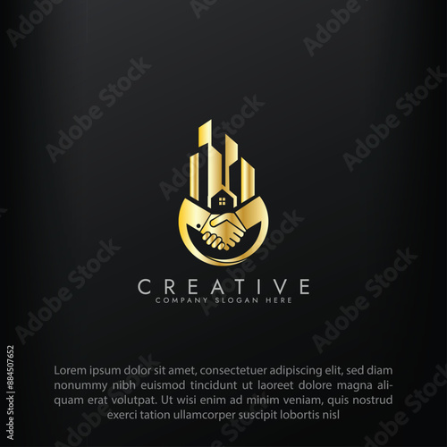 Property business golden logo with handshake vector 