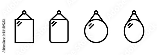 Hanging mirror icon set. Wall mounted mirror frame vector illustration. Suspended portrait orientation glass symbol. Simple pendant square and rounded furniture sign.