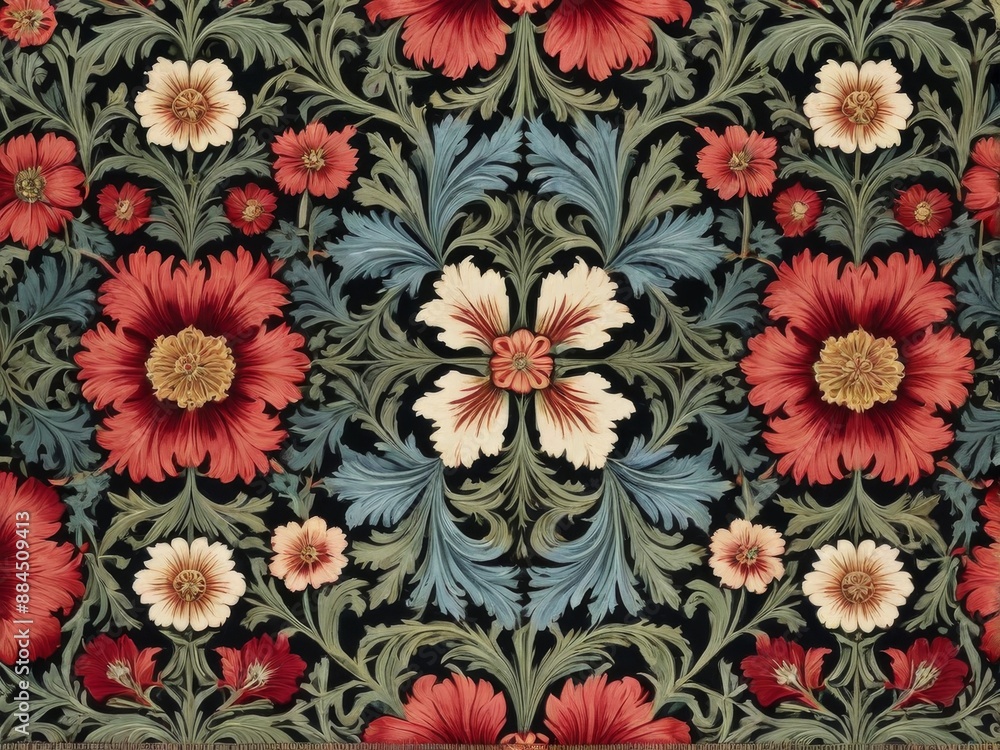 intricate patterns of leaves and flowers , in dark blue, red, green color on dark background, vintage floral background, wallpaper intricate patterns of leaves and flowers , in dark blue, red, green color on dark background, vintage floral background, wallpaper