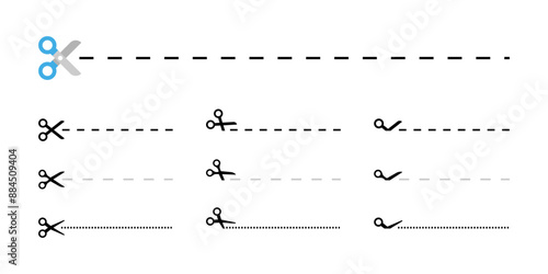 Scissors cut line icon set. Cut here symbol with dashed and dotted line variations. Paper incision site vector illustration. Separation sign. Dividing pictogram. Tailor scissors concept.