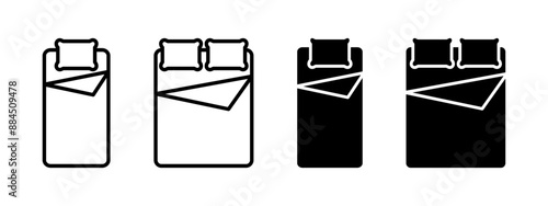 Bed icon. Double bed vector illustration. Pillow with duvet cover and mattress concept. Bedtime bedroom symbol.