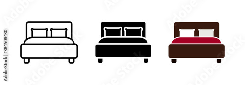 Bed icon. Double bed vector illustration. Pillow with blanket and mattress concept. Bedroom interior sign. Relax, sleep, rest symbol.