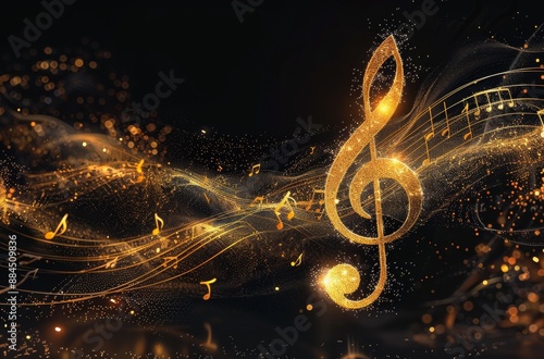 Sound melody background. Gold music note. Classic symphony song. Golden musical key. Abstract bright instrumental blurred backdrop