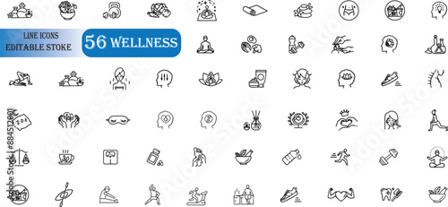Set of 56 line icons related to wellness,