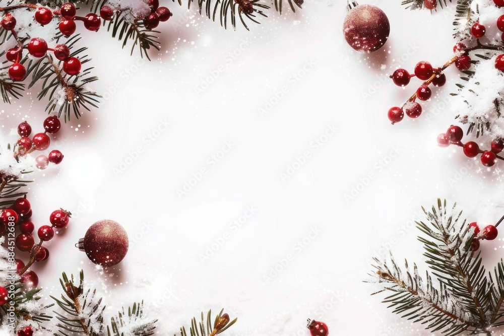 Snowy christmas border with red baubles and pine branches Snowy christmas border with red baubles and pine branches