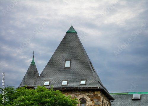 High-Pitched Roof of an old building under an overcast sky, Newton, Massachusetts, USA