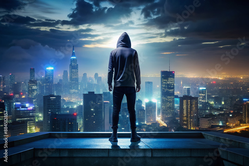 A silhouette of a mysterious figure in a sports suit and hoodie stands on a rooftop, overlooking a sprawling nighttime metropolis landscape. photo