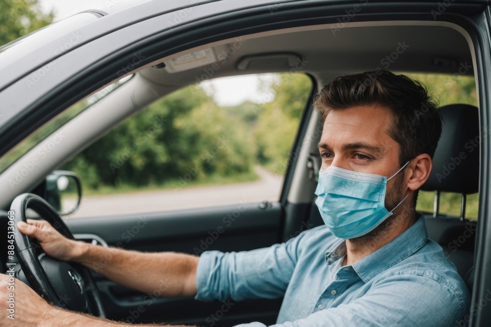 Man wearing face mask sitting in car Man wearing face mask sitting in car