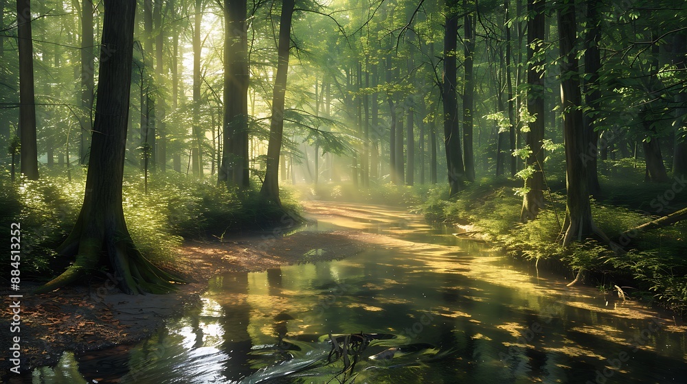 Fototapeta premium A tranquil forest stream meandering through a dense woodland, with sunlight filtering through the trees and casting dappled shadows on the water.