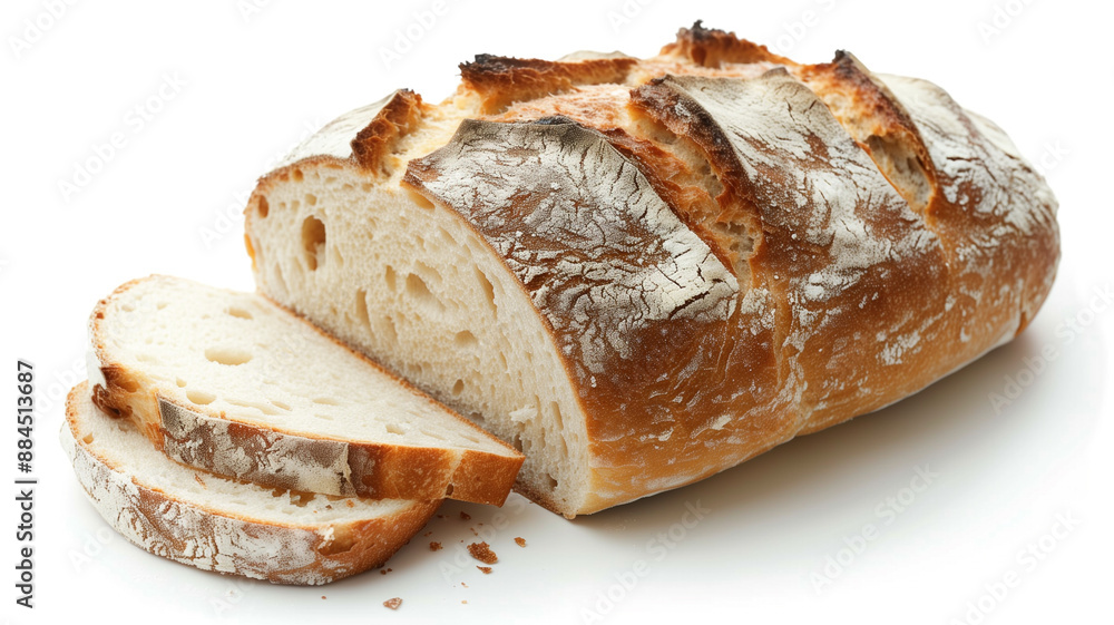 A Freshly Baked Loaf of Bread with a Slice Cut Off Isolated on White A Freshly Baked Loaf of Bread with a Slice Cut Off Isolated on White