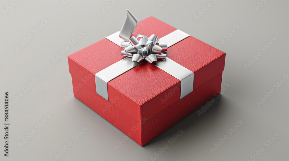 Fototapeta premium Red gift box with silver ribbon on neutral background