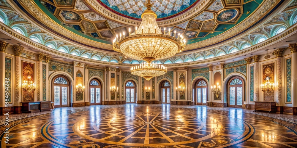 Obraz premium A Grand Ballroom with a Chandelier and Ornate Ceiling, Palace Interior Design, Architectural Detail, Golden Accents, Luxury Interior, palace, ballroom