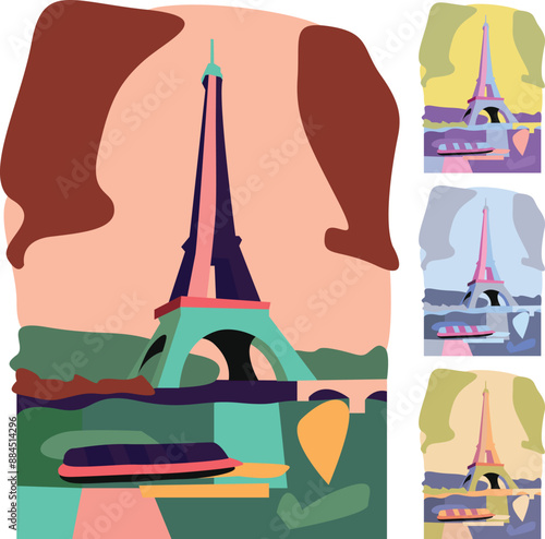 Beautiful Paris landscape with Eiffel tower, icon simple minimalistic style. Modern postcard from Paris, cards set, vibrant colors. Tower with a Seine and boat, river bank, romantic city, original art