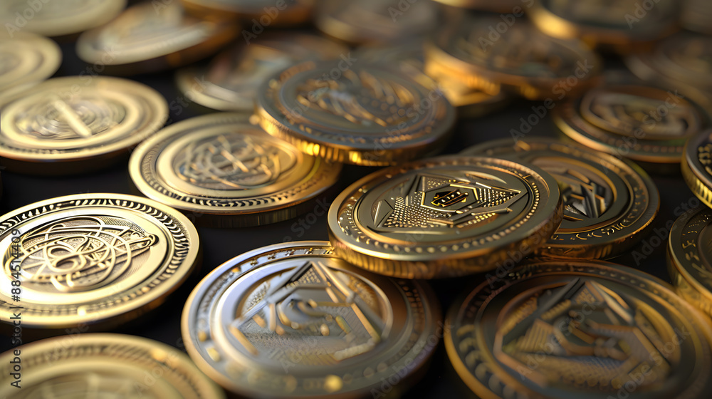 Close-Up of Gold Coins Stacked on a Reflective Surface Close-Up of Gold Coins Stacked on a Reflective Surface