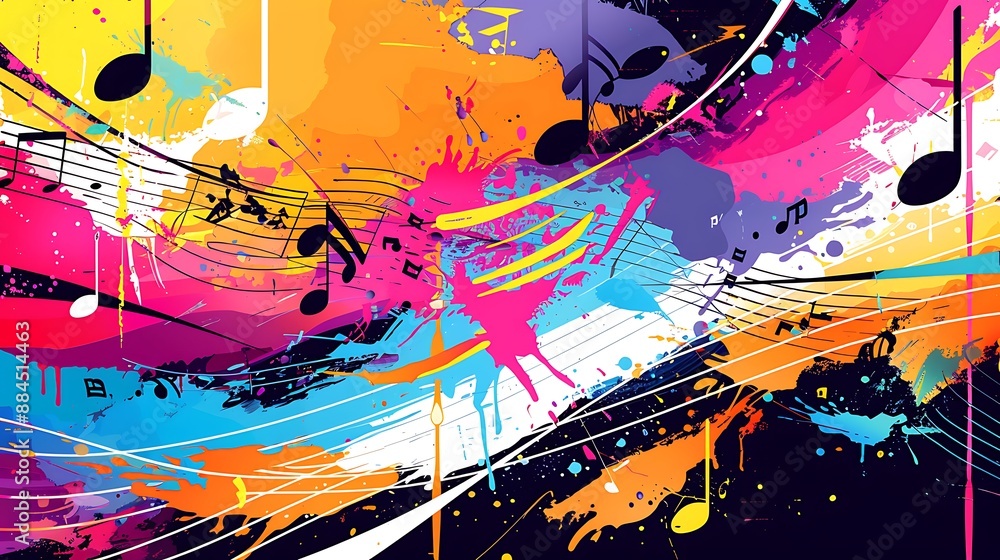 A vibrant, abstract background with splashes of bright colors and music notes, creating a sense of joyful chaos and artistic expression. A vibrant, abstract background with splashes of bright colors and music notes, creating a sense of joyful chaos and artistic expression.