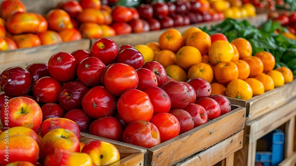 Assortment of fresh fruit in wooden crates at a market. Assortment of fresh fruit in wooden crates at a market.