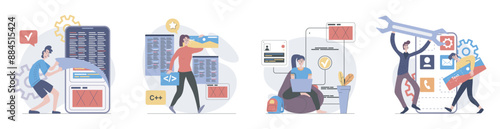 App development concept with people scenes set in flat web design. Collection of character situation with programming mobile software, testing and fixing interface product. Vector illustrations.