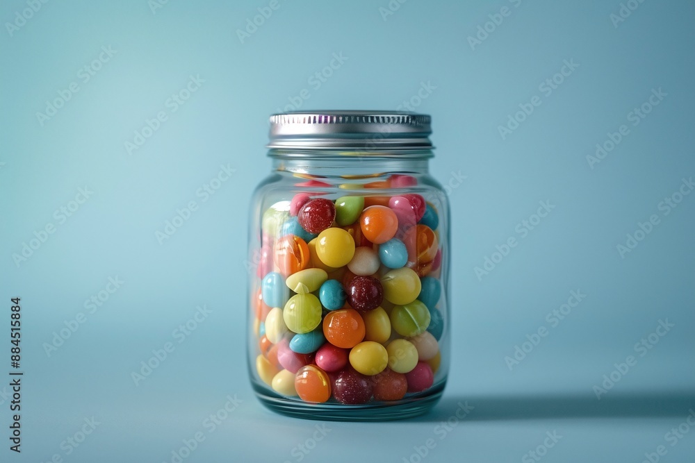 Colorful candies in a jar with a metal lid on a blue background Colorful candies in a jar with a metal lid on a blue background