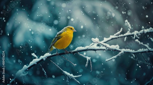 Yellow bird perched on snowy branch in dark winter forest scene for International Birds Day photo