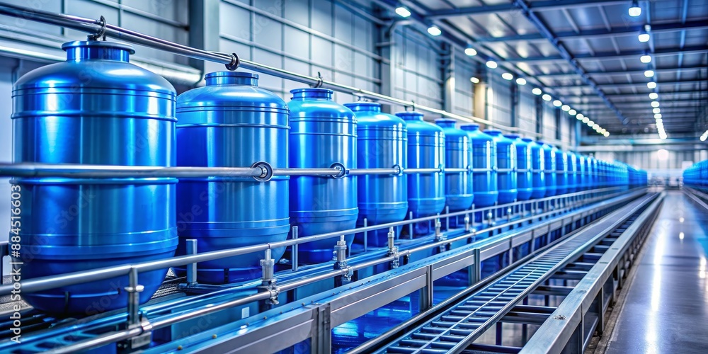 Blue Cylinders on Conveyor Belt in Factory, Industrial, Production, Manufacturing, Conveyor Blue Cylinders on Conveyor Belt in Factory, Industrial, Production, Manufacturing, Conveyor