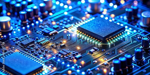 Close-up of a glowing blue circuit board with a central processor, Motherboard, Technology, Circuitry, Electronics