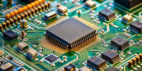 Close-up of a Microchip on a Green Circuit Board, Electronics, Technology, Circuitry, Hardware