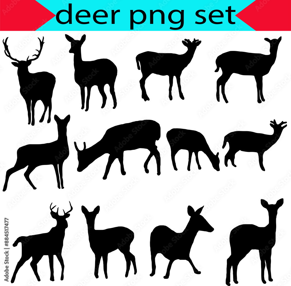 Fototapeta premium Collection of silhouettes of wild animals -transparent the deer family.png