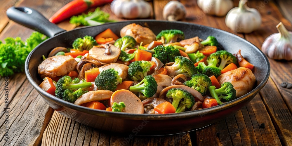 Close-Up of Healthy Stir-Fried Chicken, Broccoli, and Vegetables in Cast Iron Pan on Rustic Wooden Table Close-Up of Healthy Stir-Fried Chicken, Broccoli, and Vegetables in Cast Iron Pan on Rustic Wooden Table