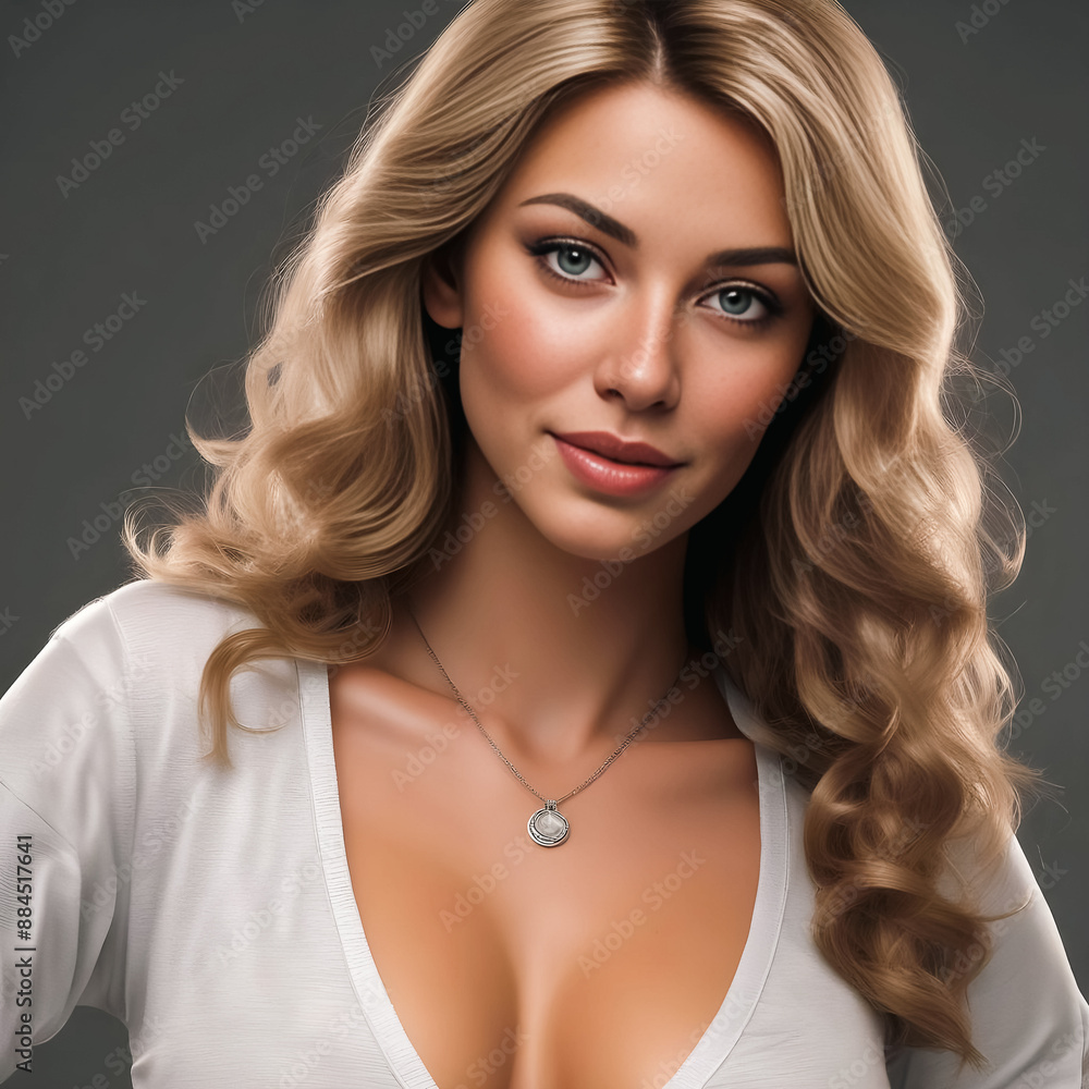 Naklejka premium Chic model with beautiful breasts, long hair and makeup wearing clothes with a big neckline poses in front of the camera.
