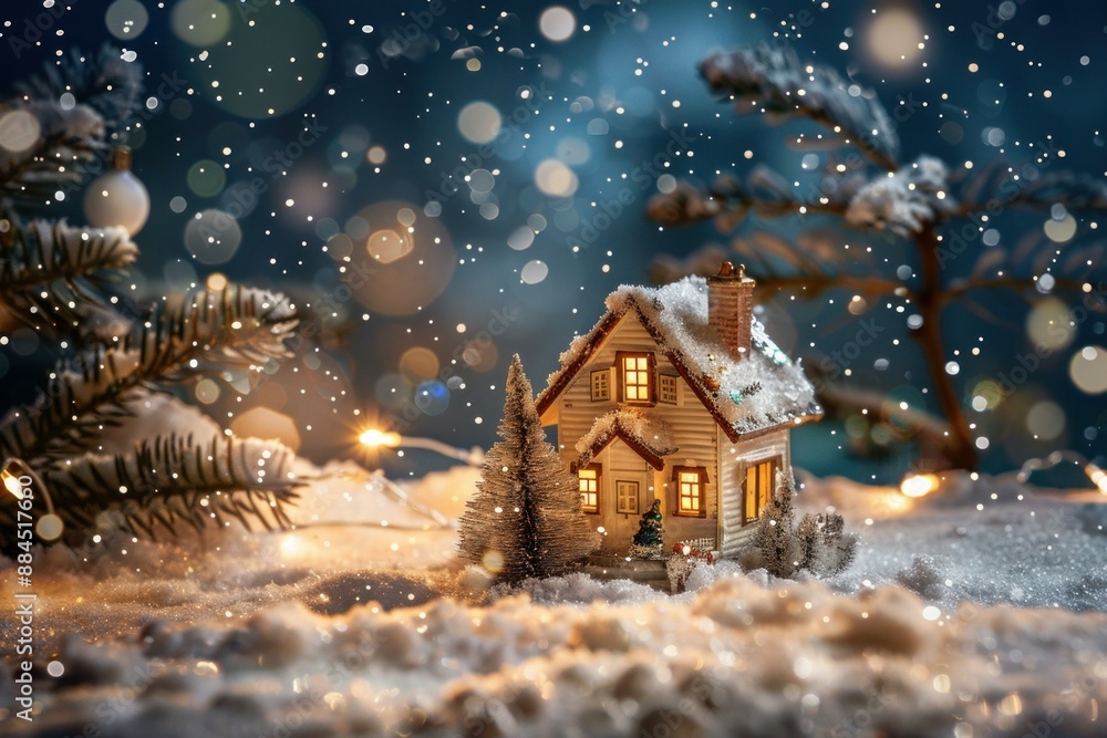 Naklejka premium Magical and enchanting winter cottage scene with snowcovered miniature house. Pine trees. And festive lights. Creating a cozy and tranquil holiday background in a charming and serene snowy wonderland
