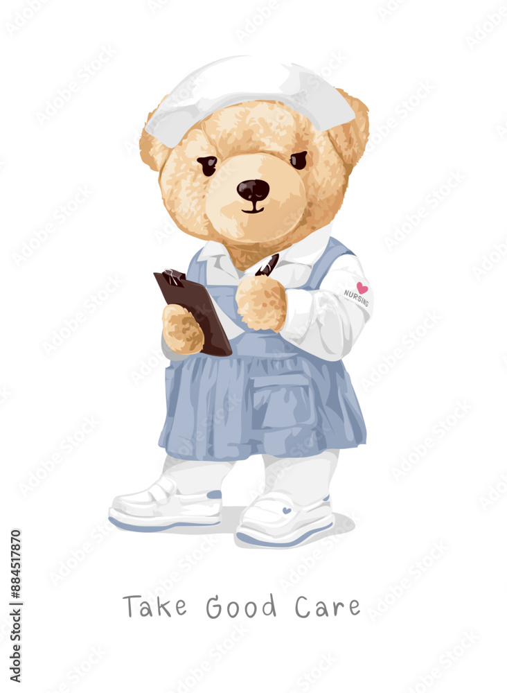 take good care slogan with cute bear doll in nurse uniform created completely by hand drawn without any AI process take good care slogan with cute bear doll in nurse uniform created completely by hand drawn without any AI process