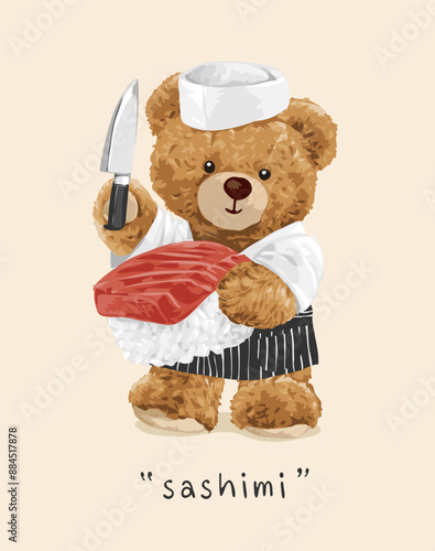 sashimi slogan with cute bear doll sushi chef holding sushi hand drawn vector illustration