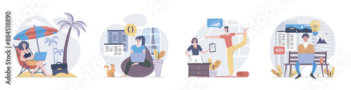 Freelance concept with people scenes set in flat web design. Collection of character situation with freelancers working online while travelling, doing tasks distantly and relax. Vector illustrations.