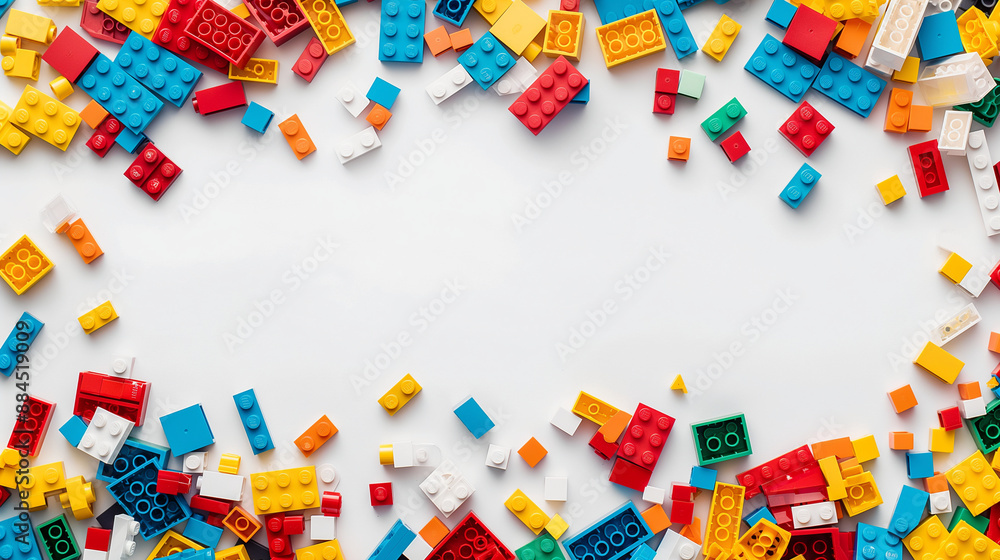 A vibrant mix of red, blue, yellow, green, and orange bricks of various sizes and shapes, scattered across a pristine white background with a clear space in the center. A vibrant mix of red, blue, yellow, green, and orange bricks of various sizes and shapes, scattered across a pristine white background with a clear space in the center.