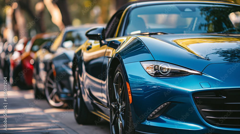 A shiny blue sports car parked in an outdoor lot, surrounded by other used vehicles, with a dealer agent explaining its features to a potential buyer. A shiny blue sports car parked in an outdoor lot, surrounded by other used vehicles, with a dealer agent explaining its features to a potential buyer.
