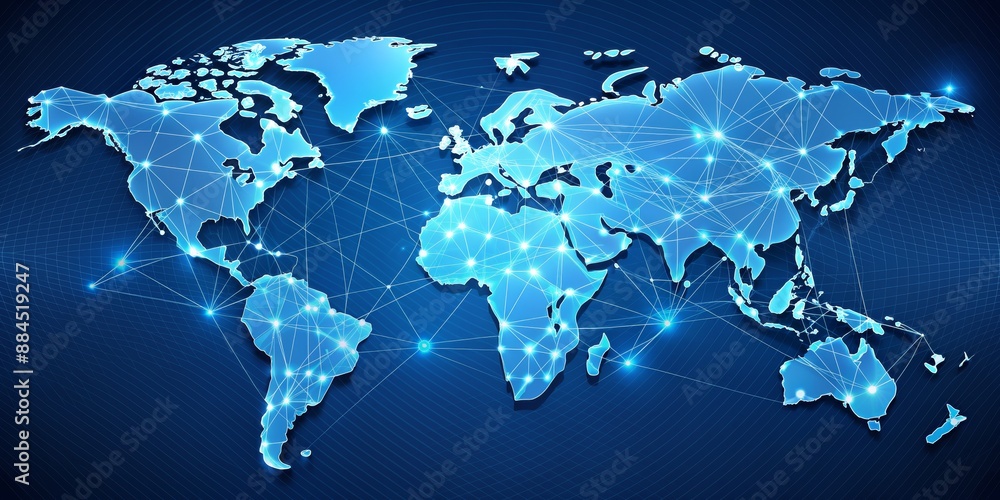 Fototapeta premium Global Network Connection - World Map Illustration with Glowing Lines and Nodes, global network, network connection, world map, technology, globalization