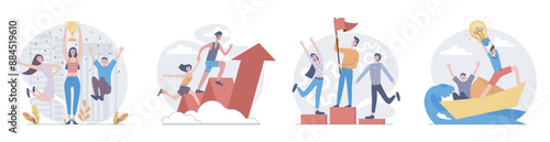 Leadership concept with people scenes set in flat web design. Collection of character situation with businesswoman and businessman achieve career goals and getting victory. Vector illustrations.