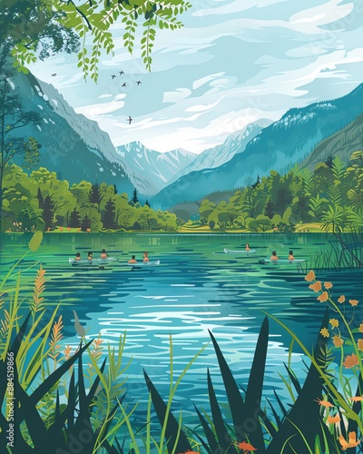 Illustrate a scene advocating for clean water protection, depicting a serene lake surrounded by lush greenery with people enjoying the natural beauty