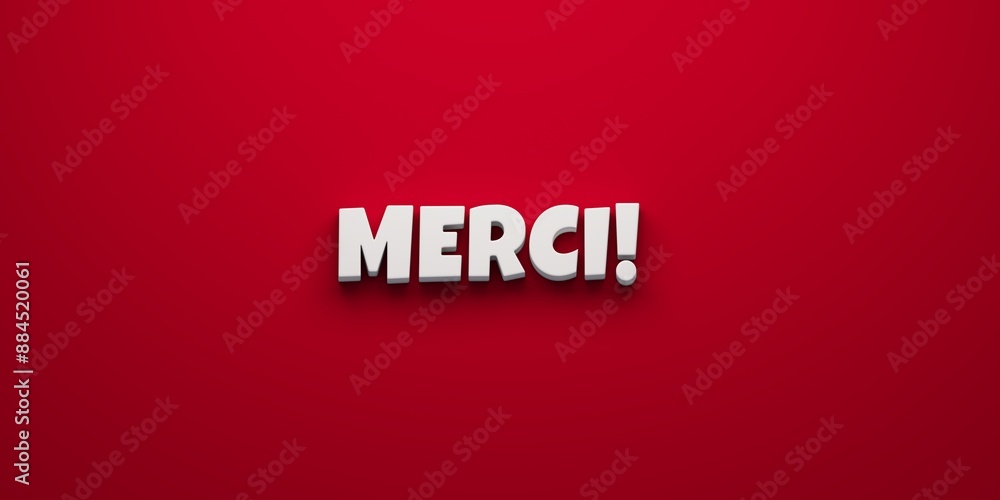 A bold red background with striking white 3D text MERCI in the center, ideal for conveying gratitude in French with a modern and vibrant design. A bold red background with striking white 3D text MERCI in the center, ideal for conveying gratitude in French with a modern and vibrant design.
